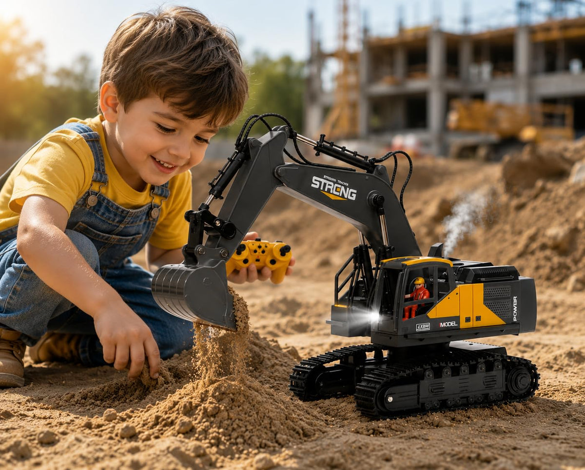 12-Channel RC Construction Excavator Toy, Realistic Remote Control Excavator with 360° Rotation, LED Lights, Smoke, Sound Effects & Metal Bucket for Kids Ages 6+