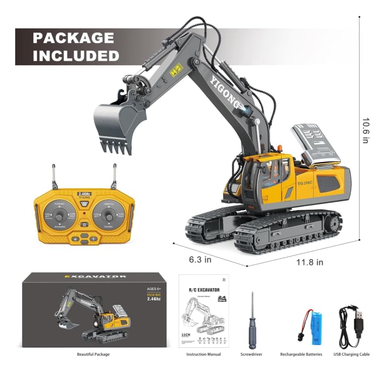 emote Control Excavator RC Digger Toy for Boys,11 Channel Hydraulic Excavator Turns 680 Degree,Construction Toys with Metal Shovel, Lights,Sounds,1 Rechargeable Batteries