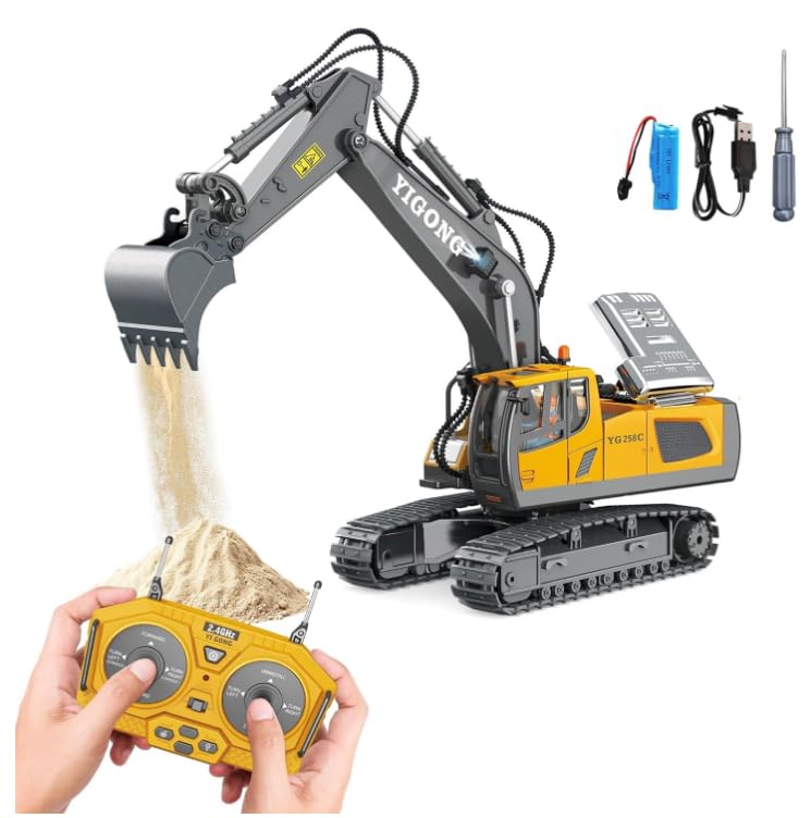 emote Control Excavator RC Digger Toy for Boys,11 Channel Hydraulic Excavator Turns 680 Degree,Construction Toys with Metal Shovel, Lights,Sounds,1 Rechargeable Batteries