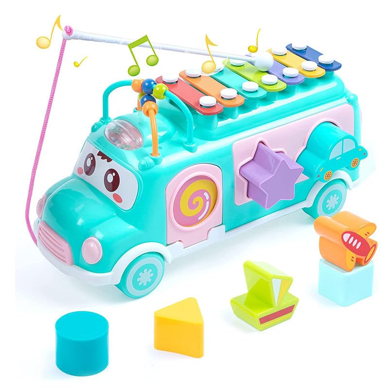 Baby School Bus Xylophone Toy for Toddlers 1-3, Baby Musical Bus Toys for 1 Year Old Girl, Shape Sorting Toys Knocking Xylophone Educational Musical Instruments Toy (Blue)