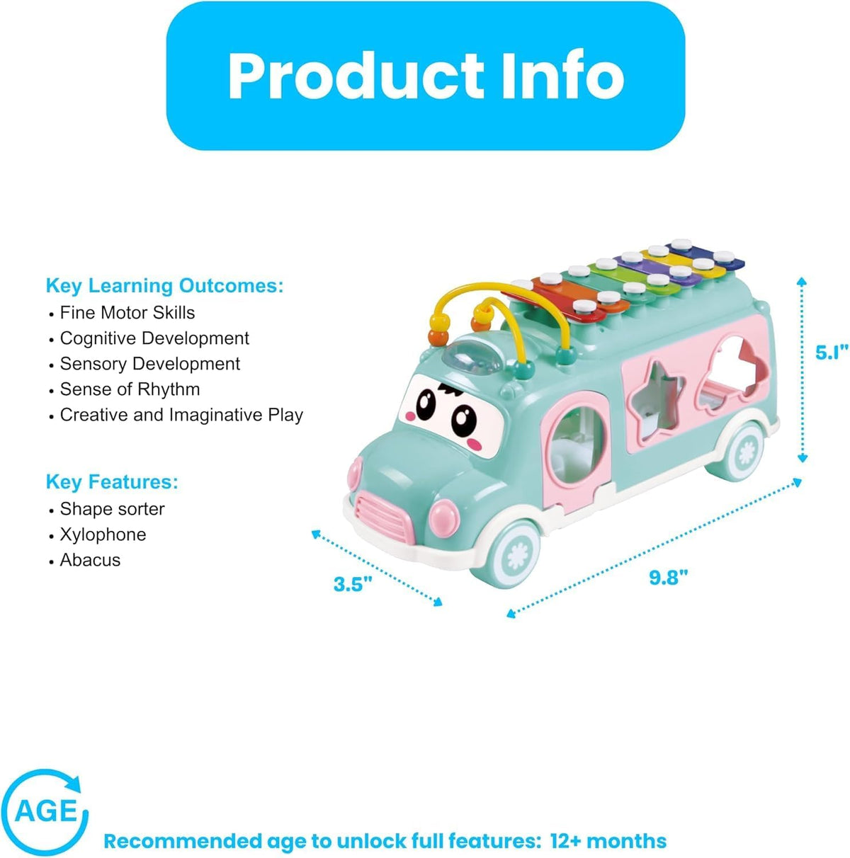 Baby School Bus Xylophone Toy for Toddlers 1-3, Baby Musical Bus Toys for 1 Year Old Girl, Shape Sorting Toys Knocking Xylophone Educational Musical Instruments Toy (Blue)