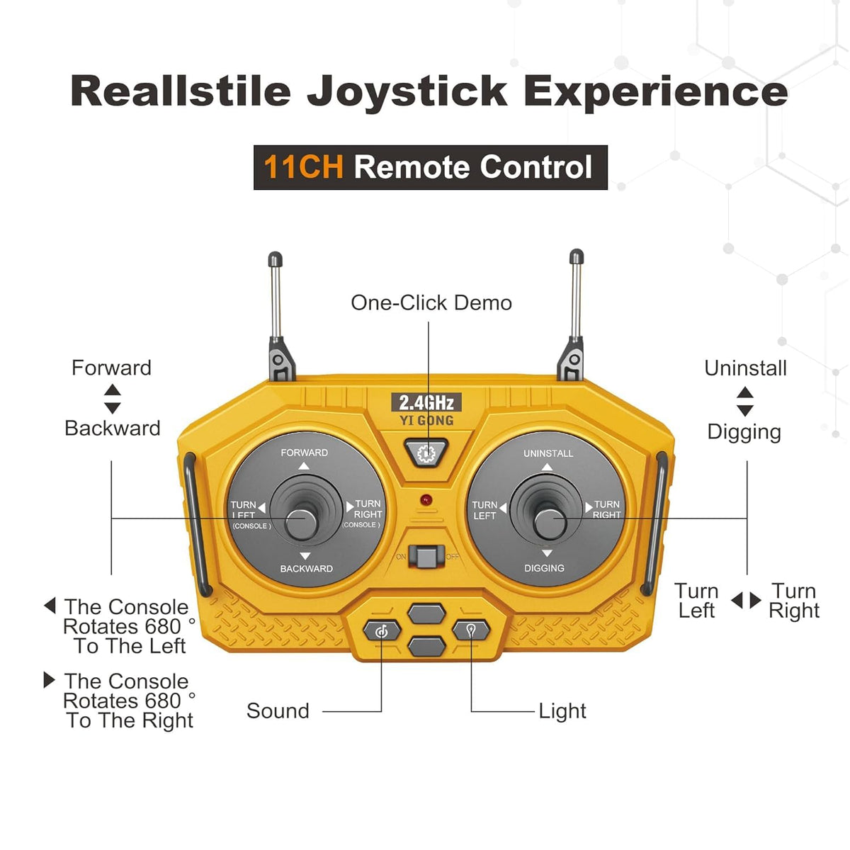 emote Control Excavator RC Digger Toy for Boys,11 Channel Hydraulic Excavator Turns 680 Degree,Construction Toys with Metal Shovel, Lights,Sounds,1 Rechargeable Batteries
