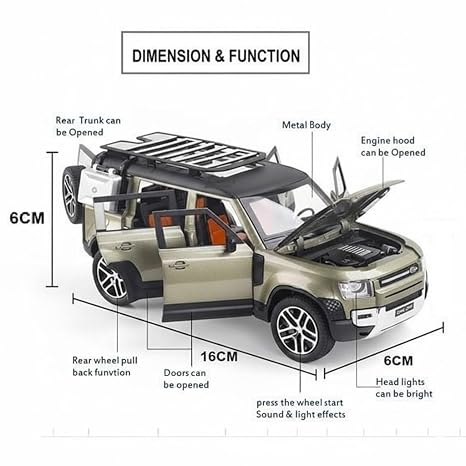 Range Rover Defender 1:32 Scale Model Car Exclusive Alloy Metal Pull Back Die-cast Car Metal Pullback Toy car with Openable Doors & Light Music Best Gifts Toys Kids【Colors as Per Stock】