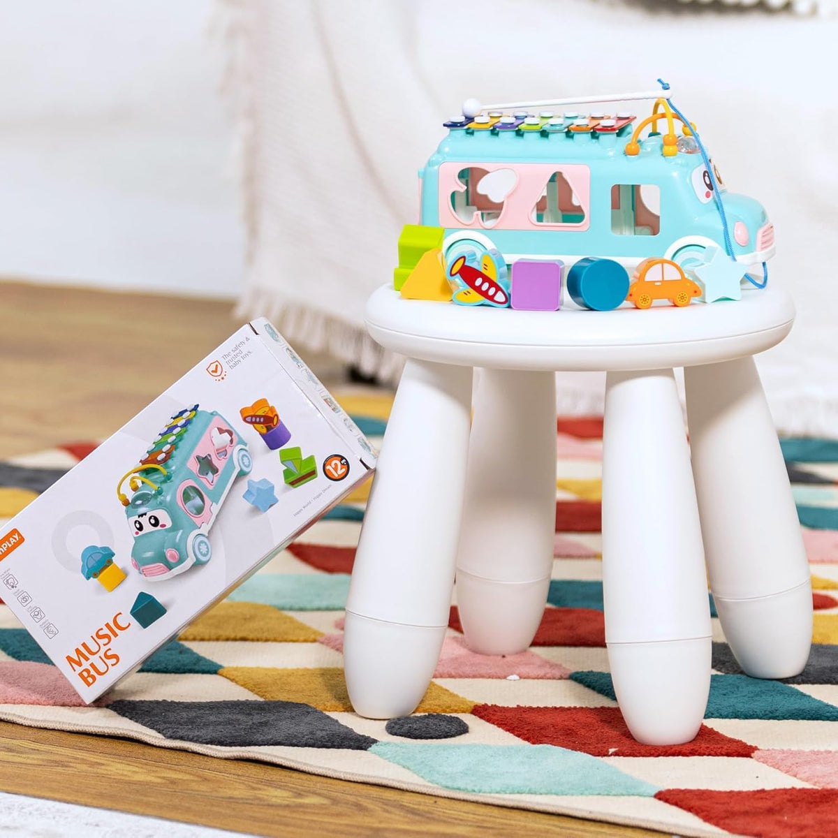 Baby School Bus Xylophone Toy for Toddlers 1-3, Baby Musical Bus Toys for 1 Year Old Girl, Shape Sorting Toys Knocking Xylophone Educational Musical Instruments Toy (Blue)