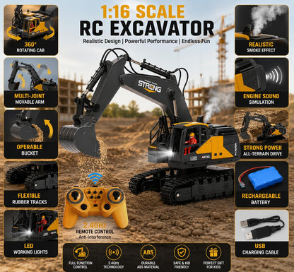 12-Channel RC Construction Excavator Toy, Realistic Remote Control Excavator with 360° Rotation, LED Lights, Smoke, Sound Effects & Metal Bucket for Kids Ages 6+