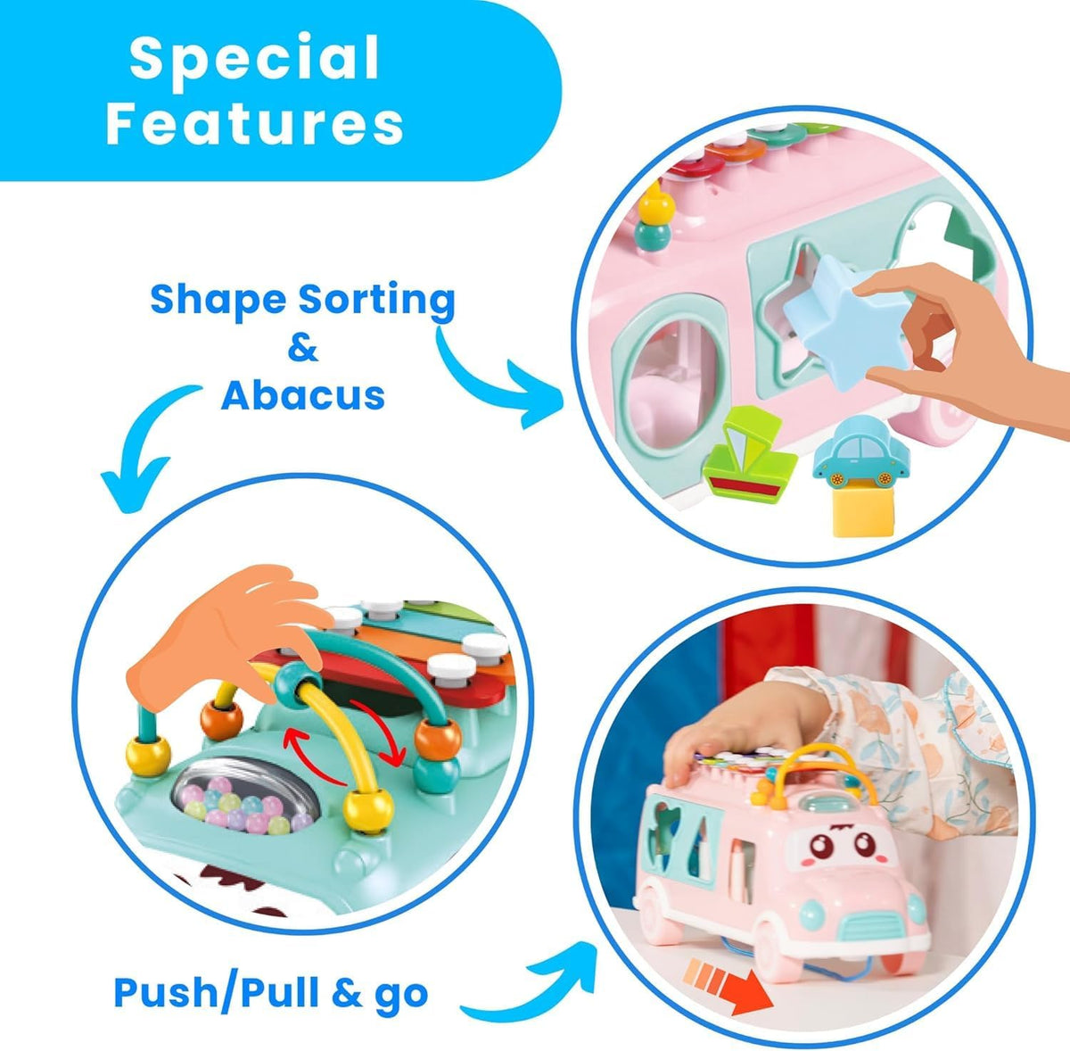 Baby School Bus Xylophone Toy for Toddlers 1-3, Baby Musical Bus Toys for 1 Year Old Girl, Shape Sorting Toys Knocking Xylophone Educational Musical Instruments Toy (Blue)