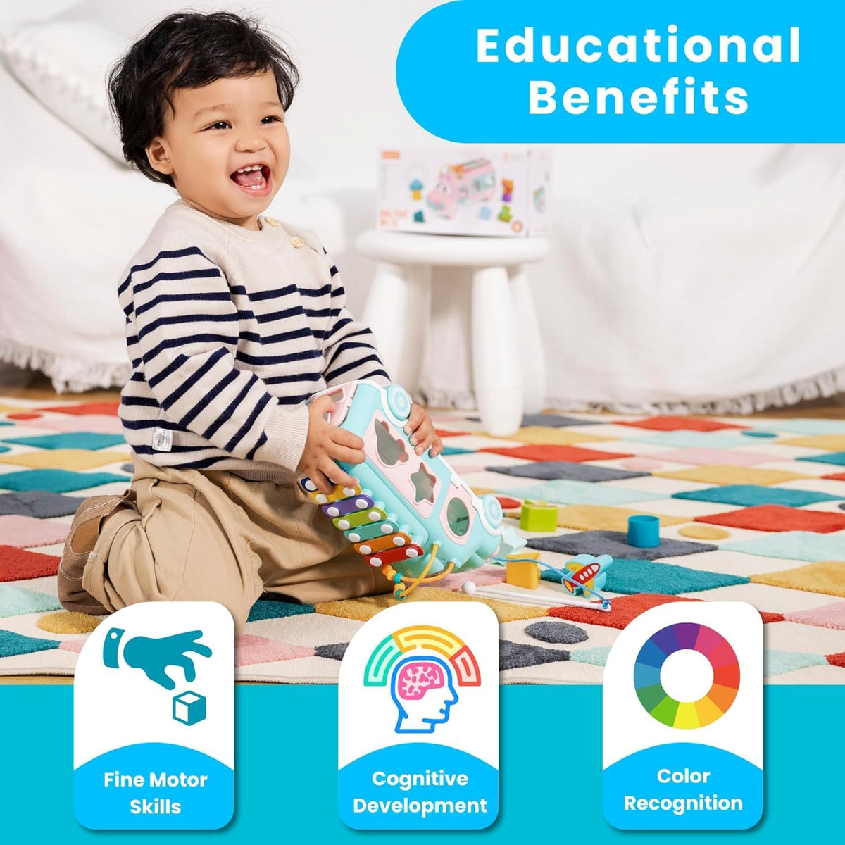 Baby School Bus Xylophone Toy for Toddlers 1-3, Baby Musical Bus Toys for 1 Year Old Girl, Shape Sorting Toys Knocking Xylophone Educational Musical Instruments Toy (Blue)