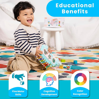 Baby School Bus Xylophone Toy for Toddlers 1-3, Baby Musical Bus Toys for 1 Year Old Girl, Shape Sorting Toys Knocking Xylophone Educational Musical Instruments Toy (Blue)