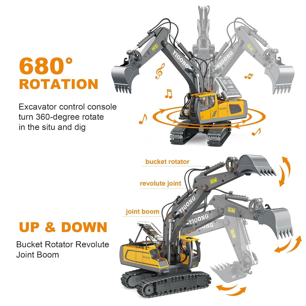 emote Control Excavator RC Digger Toy for Boys,11 Channel Hydraulic Excavator Turns 680 Degree,Construction Toys with Metal Shovel, Lights,Sounds,1 Rechargeable Batteries
