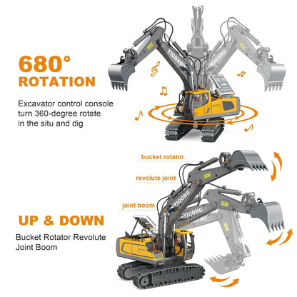 emote Control Excavator RC Digger Toy for Boys,11 Channel Hydraulic Excavator Turns 680 Degree,Construction Toys with Metal Shovel, Lights,Sounds,1 Rechargeable Batteries