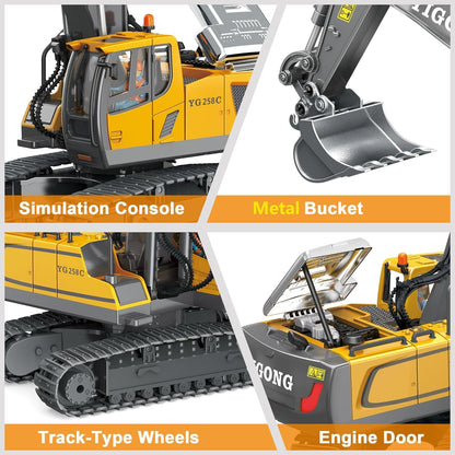 emote Control Excavator RC Digger Toy for Boys,11 Channel Hydraulic Excavator Turns 680 Degree,Construction Toys with Metal Shovel, Lights,Sounds,1 Rechargeable Batteries