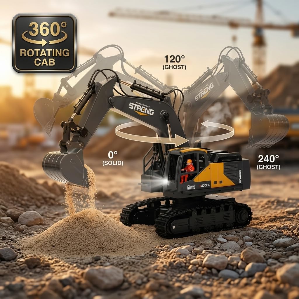 12-Channel RC Construction Excavator Toy, Realistic Remote Control Excavator with 360° Rotation, LED Lights, Smoke, Sound Effects & Metal Bucket for Kids Ages 6+