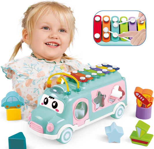 Baby School Bus Xylophone Toy for Toddlers 1-3, Baby Musical Bus Toys for 1 Year Old Girl, Shape Sorting Toys Knocking Xylophone Educational Musical Instruments Toy (Blue)