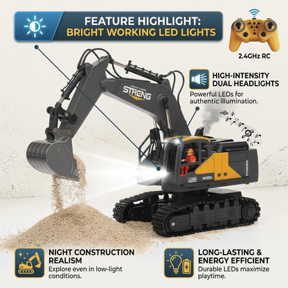 12-Channel RC Construction Excavator Toy, Realistic Remote Control Excavator with 360° Rotation, LED Lights, Smoke, Sound Effects & Metal Bucket for Kids Ages 6+