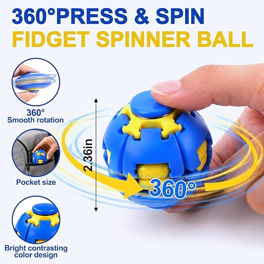 Press to Spin Fidget Spinner, Spin Stress Ball Sensory Fidget Toys |Push Transformable Fidget Ball for Adults Teens Anxiety Stress Relief Fidgets Office Desk Toy (Pack of 1)