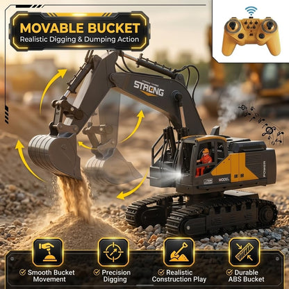 12-Channel RC Construction Excavator Toy, Realistic Remote Control Excavator with 360° Rotation, LED Lights, Smoke, Sound Effects & Metal Bucket for Kids Ages 6+