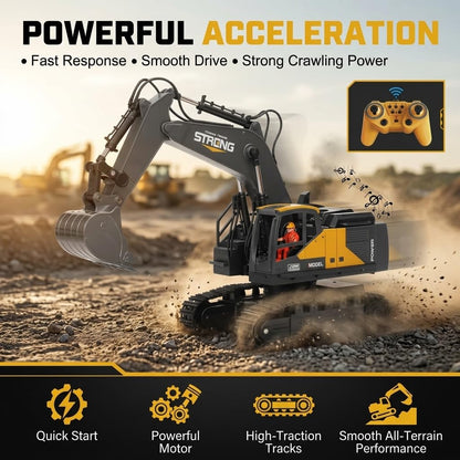 12-Channel RC Construction Excavator Toy, Realistic Remote Control Excavator with 360° Rotation, LED Lights, Smoke, Sound Effects & Metal Bucket for Kids Ages 6+