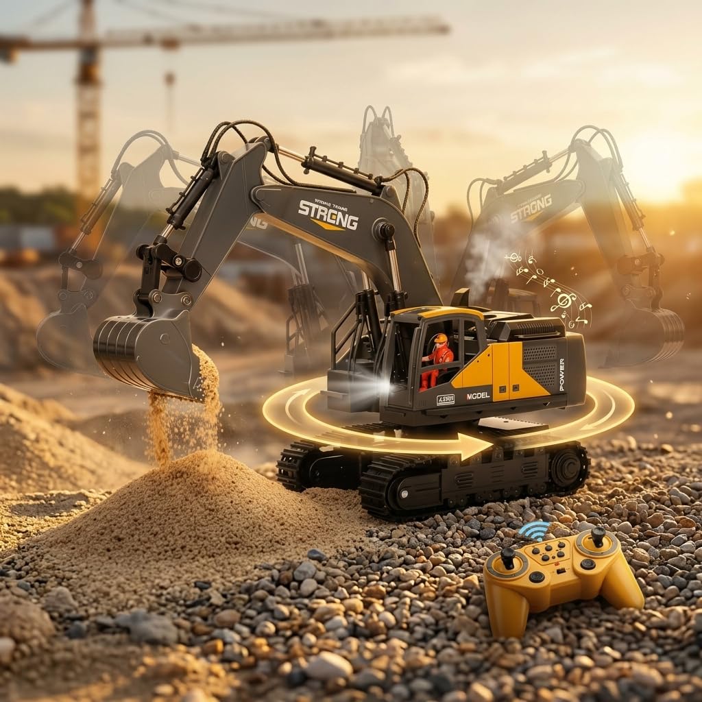 12-Channel RC Construction Excavator Toy, Realistic Remote Control Excavator with 360° Rotation, LED Lights, Smoke, Sound Effects & Metal Bucket for Kids Ages 6+