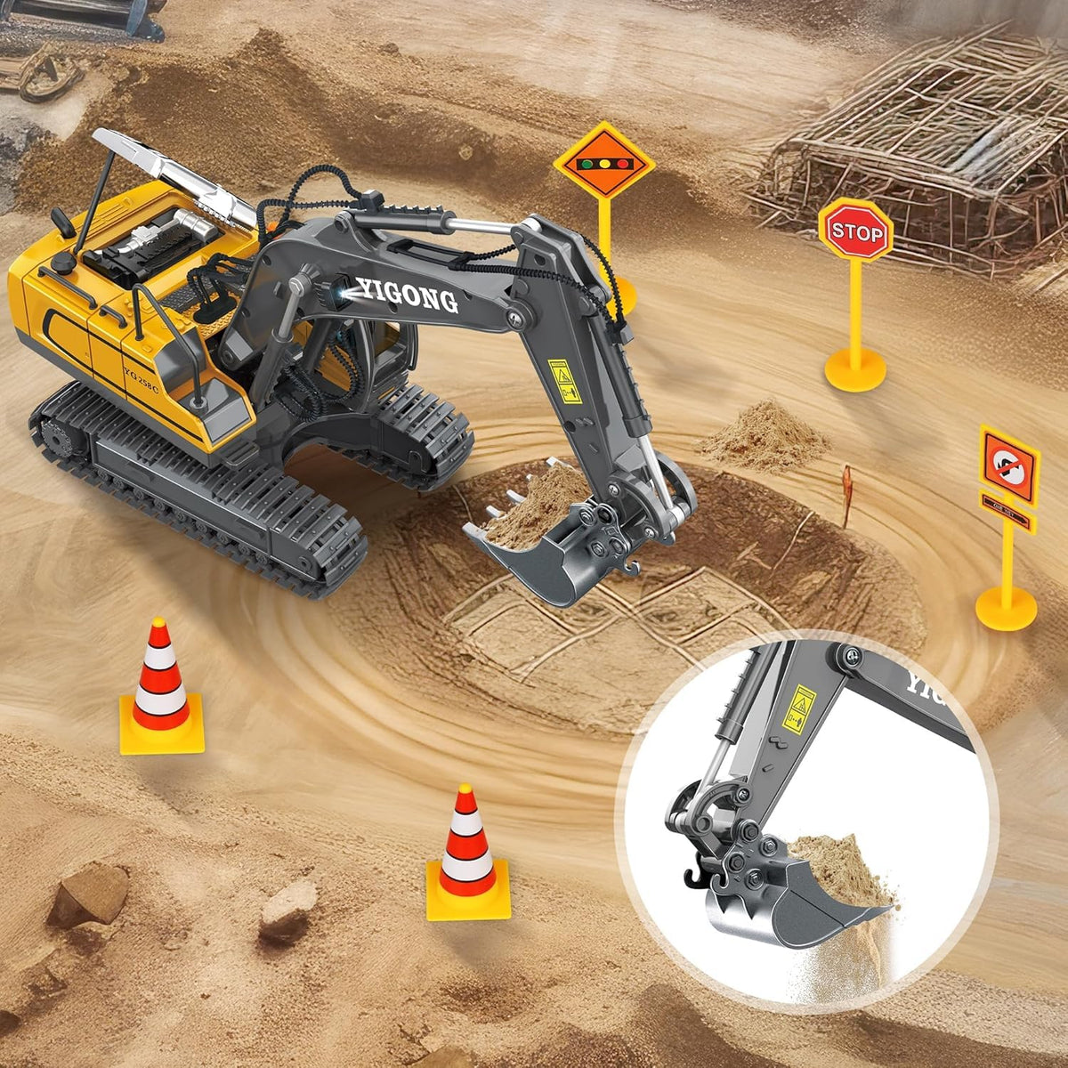 emote Control Excavator RC Digger Toy for Boys,11 Channel Hydraulic Excavator Turns 680 Degree,Construction Toys with Metal Shovel, Lights,Sounds,1 Rechargeable Batteries
