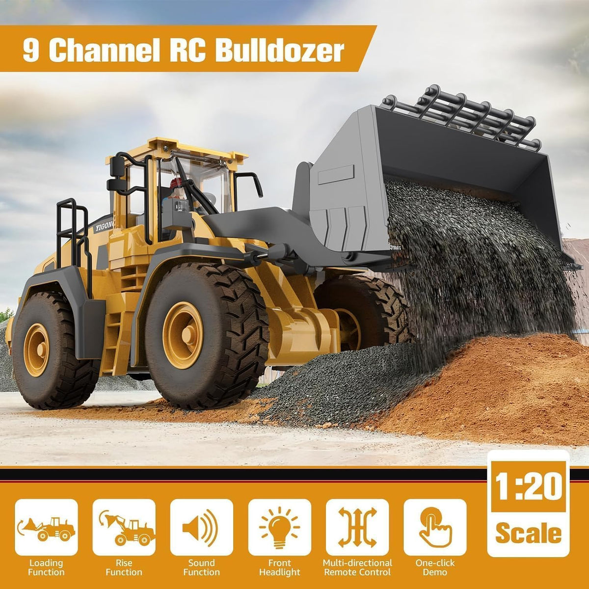 1:64 Scale Alloy RC Tow Truck with App & Remote Control | Metal Recovery Toy with Mini Car, 3 Speed Modes, Cruise Control & Rechargeable Battery | Random Colors (Bulldozer)
